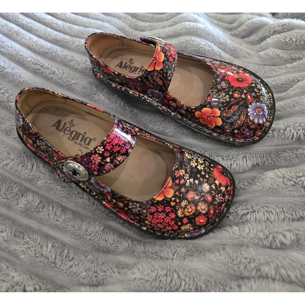 Alegria Paloma Multi Color Floral Patent Leather Mary Jane Clogs Shoes 36 - Picture 1 of 10